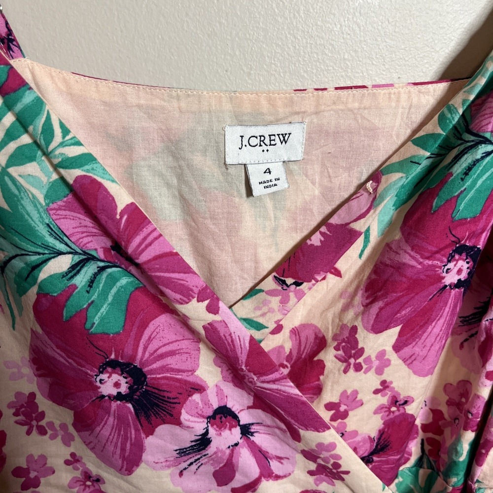 J.Crew Cotton Floral Wrap Dress Sz 4 Pink‎ Green Tropical Cruise Resort Vacation - Picture 4 of 8